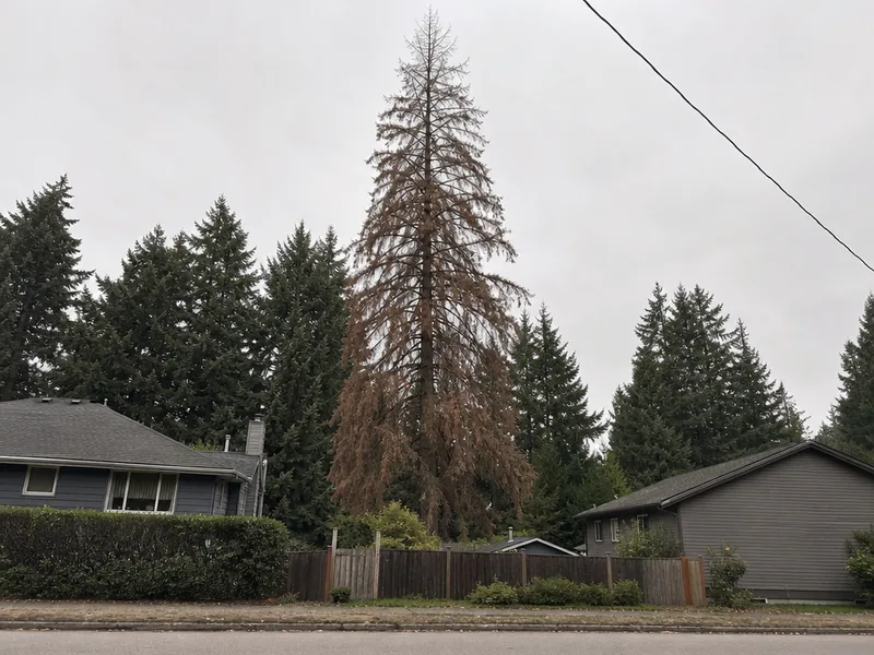 Dead tree removal Tacoma, brown standing dead fir beside residential fence