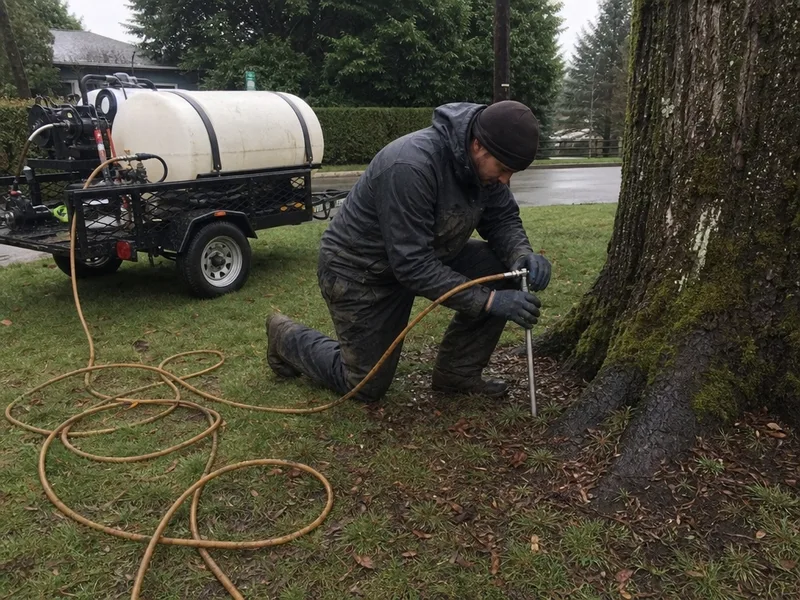 Tacoma tree care technician applying deep root fertilization under mature maple