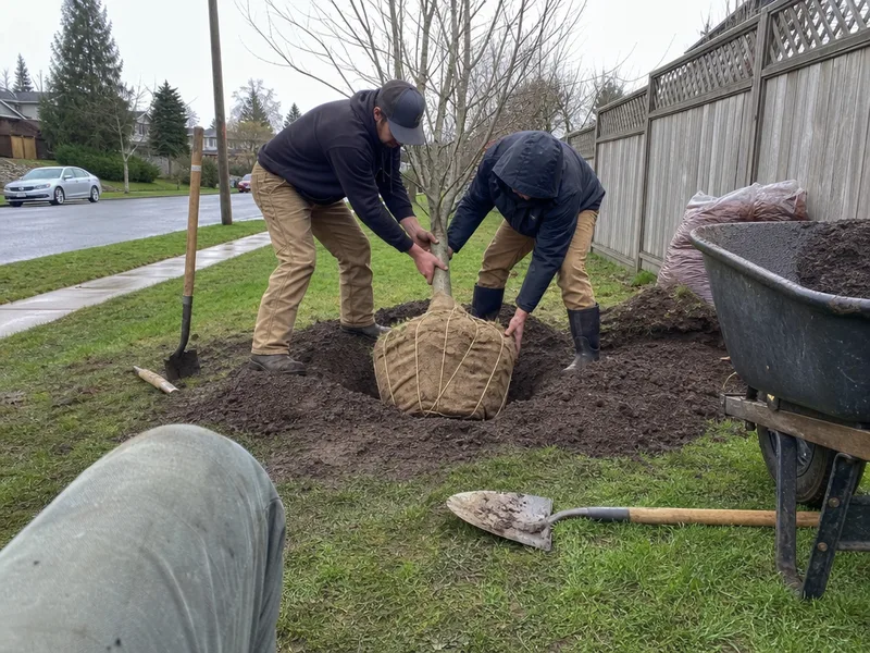 Tree planting Tacoma, crew setting balled vine maple into planting hole